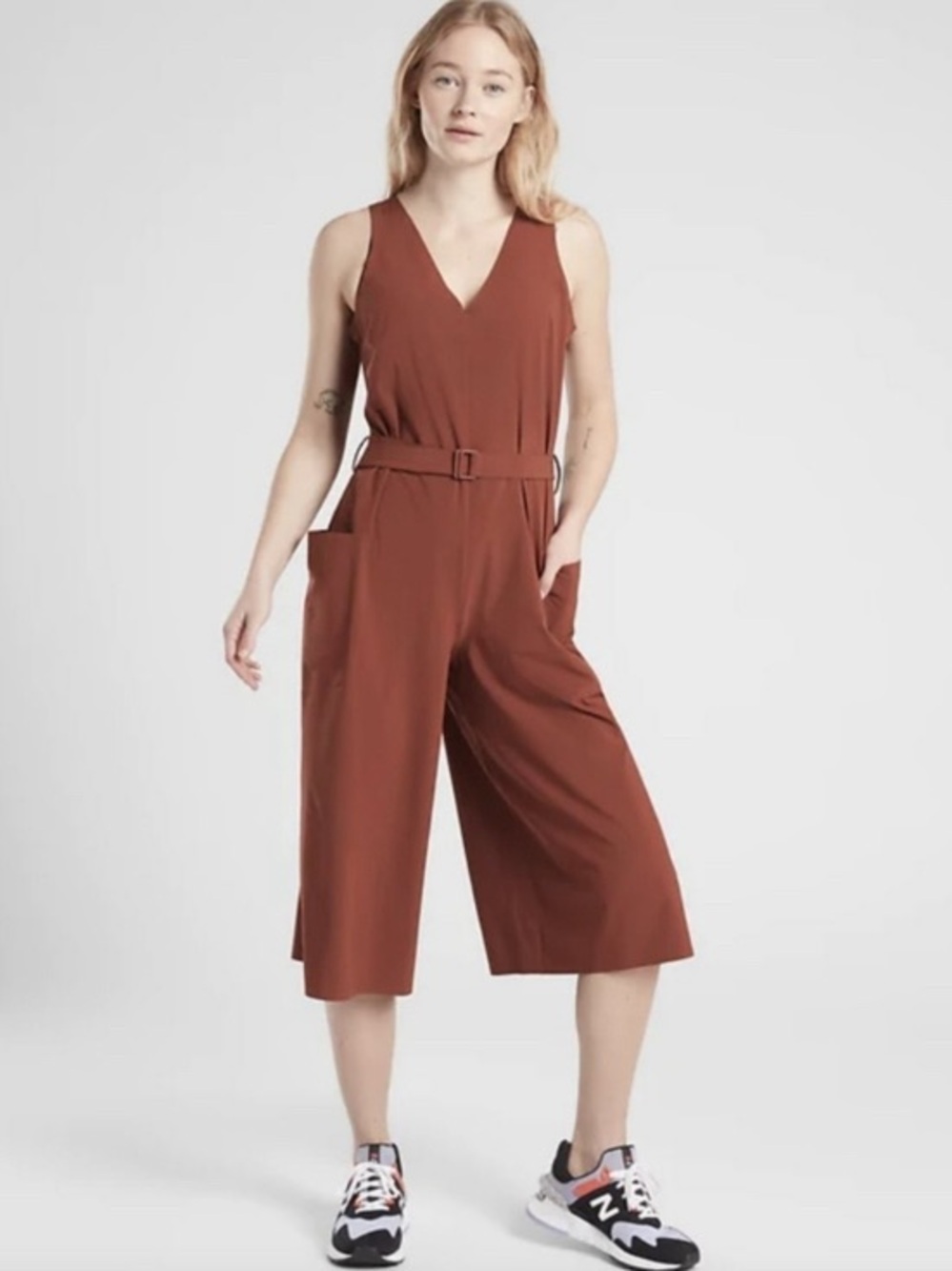 Athleta Sarasota Rust V-Neck Sleeveless Jumpsuit, Pockets, Lightweight Travel, L